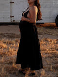 Momnfancy Black Cut Out Backless Deep V-neck Cami Big Swing Elegant Maternity Photoshoot Baby Shower Party Maxi Dress
