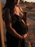Momnfancy Black Cut Out Backless Deep V-neck Cami Big Swing Elegant Maternity Photoshoot Baby Shower Party Maxi Dress