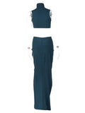 Momnfancy Two Piece Crop Side Slit Drawstring Sleeveless Bodycon Elegant Cocktail Gown Maternity Photoshoot Baby Shower Party Maxi Dress