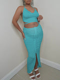 Momnfancy Two Piece Crop Ruched Side Slit Drawstring Cami Backless Bodycon Chic Vacation Maternity Photoshoot Baby Shower Party Maxi Dress