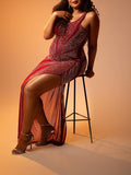 Momnfancy Burgundy Rhinestone Diamond Sheer Sparkly Side Slit Bodycon One Shoulder Maternity Photoshoot Maxi Dress