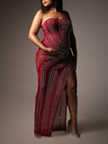 Momnfancy Burgundy Rhinestone Diamond Sheer Sparkly Side Slit Bodycon One Shoulder Maternity Photoshoot Maxi Dress