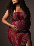 Momnfancy Burgundy Rhinestone Diamond Sheer Sparkly Side Slit Bodycon One Shoulder Maternity Photoshoot Maxi Dress