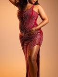 Momnfancy Burgundy Rhinestone Diamond Sheer Sparkly Side Slit Bodycon One Shoulder Maternity Photoshoot Maxi Dress