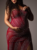 Momnfancy Burgundy Rhinestone Diamond Sheer Sparkly Side Slit Bodycon One Shoulder Maternity Photoshoot Maxi Dress