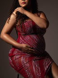 Momnfancy Burgundy Rhinestone Diamond Sheer Sparkly Side Slit Bodycon One Shoulder Maternity Photoshoot Maxi Dress