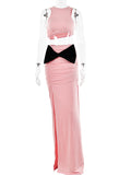 Momnfancy Pink 2 Pieces Bow Ruched Side Slit Bodycon Baby Girl Shower Photoshoot Maternity Maxi Dress