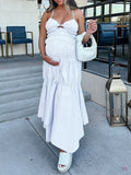 Momnfancy White Spaghetti Strap Backless Cut Out Cascading Ruffle Tie Back Vacation Cute Photoshoot Maternity Baby Shower Maxi Dress