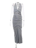 Momnfancy Chic Grey Cascading Ruffle Floor Mopping Bodycon Backless Halter Neck Babyshower Party Maternity Maxi Dress