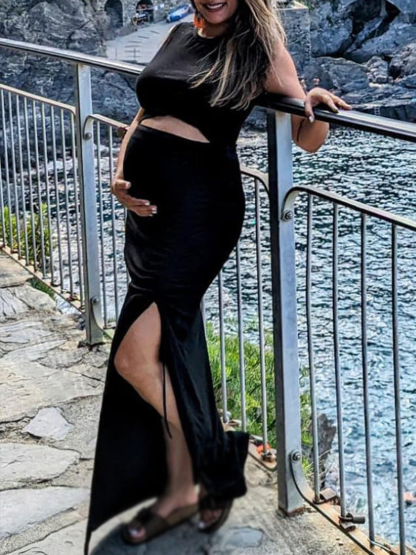 Momnfancy Black Cut Out Crop Side Slit Ruched Drawstring Bodycon Chic Daily Going Out Maternity Photoshoot Baby Shower Party Maxi Dress