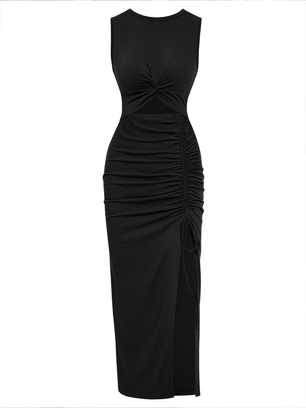 Momnfancy Black Cut Out Crop Side Slit Ruched Drawstring Bodycon Chic Daily Going Out Maternity Photoshoot Baby Shower Party Maxi Dress