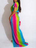 Momnfancy Rainbow 2 Pieces Slit Short Sleeve Fashion Gender Reveal Baby Shower Photoshoot Maternity Maxi Dress