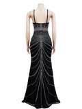 Momnfancy Elegant Black Rhinestones Sparkly Mermaid Bodycon Cross Back Floor Mopping Evening Photoshoot Maternity Maxi Dress