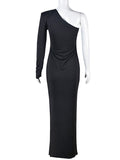 Momnfancy Black One Shoulder Side Slit Irregular Bodycon Photoshoot Maternity Maxi Dress