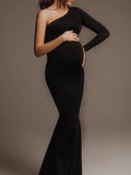 Momnfancy Black One Shoulder Side Slit Irregular Bodycon Photoshoot Maternity Maxi Dress