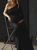 Momnfancy Black One Shoulder Side Slit Irregular Bodycon Photoshoot Maternity Maxi Dress