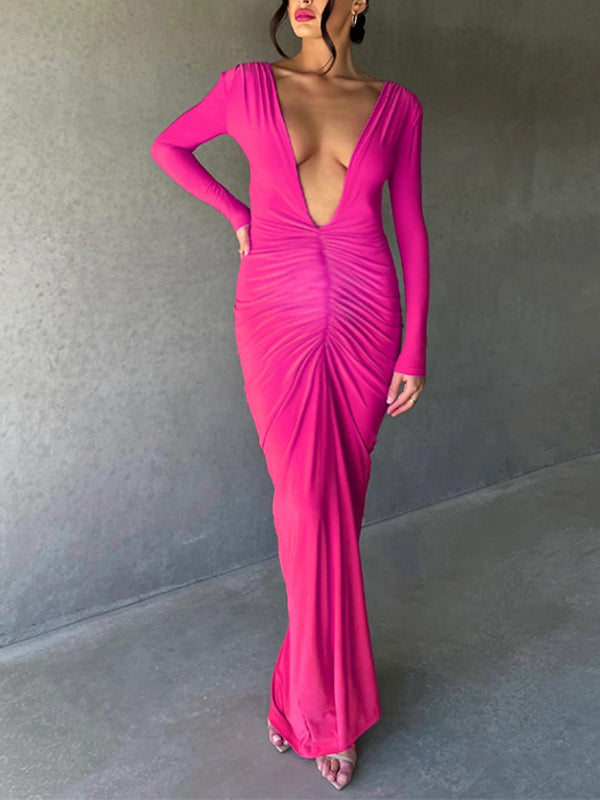 Momnfancy Bodycon Ruched Multi Way Deep V-neck Elegant Gowns Baby Shower Maternity Maxi Dress