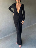 Momnfancy Bodycon Ruched Multi Way Deep V-neck Elegant Gowns Baby Shower Maternity Maxi Dress