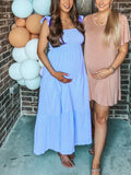 Momnfancy Elegant Light Blue Falbala Patchwork Big Swing Flowy Ruffle Daily Maternity Babyshower Maxi Dress
