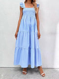 Momnfancy Elegant Light Blue Falbala Patchwork Big Swing Flowy Ruffle Daily Maternity Babyshower Maxi Dress
