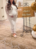 Momnfancy Elegant White Geometric Crochet Transparent Hollow Wavy Edge Bohemian Vacation Cover-Ups Maternity Babyshower Maxi Dress