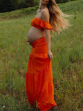 Momnfancy Orange 2 Pieces Ruffle Smocked Flowy Boho Photoshoot Baby Shower Maternity Maxi Dress