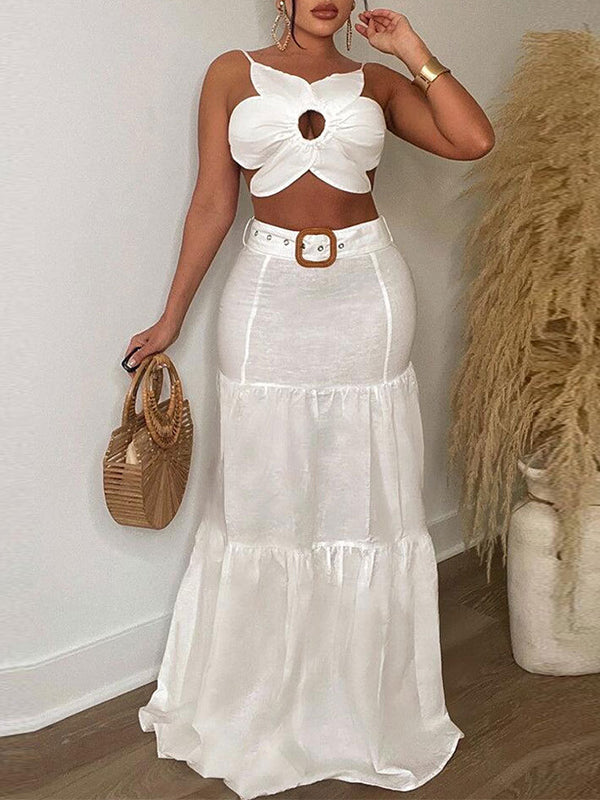 Momnfancy 2 Pieces Cut Out Belt Flower Flowy Vacation Fashion Baby Shower Photoshoot Maternity Maxi Dress