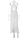 Momnfancy Cut Out Tassel Ruffle Cross Chest Backless Bodycon Front Slit High-low Halter Neck Baby Shower Maternity Maxi Dress
