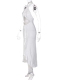 Momnfancy Cut Out Tassel Ruffle Cross Chest Backless Bodycon Front Slit High-low Halter Neck Baby Shower Maternity Maxi Dress