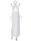 Momnfancy Cut Out Tassel Ruffle Cross Chest Backless Bodycon Front Slit High-low Halter Neck Baby Shower Maternity Maxi Dress
