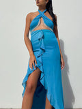 Momnfancy Cut Out Tassel Ruffle Cross Chest Backless Bodycon Front Slit High-low Halter Neck Baby Shower Maternity Maxi Dress