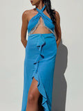 Momnfancy Cut Out Tassel Ruffle Cross Chest Backless Bodycon Front Slit High-low Halter Neck Baby Shower Maternity Maxi Dress