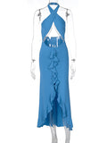 Momnfancy Cut Out Tassel Ruffle Cross Chest Backless Bodycon Front Slit High-low Halter Neck Baby Shower Maternity Maxi Dress