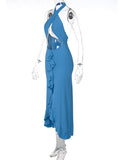 Momnfancy Cut Out Tassel Ruffle Cross Chest Backless Bodycon Front Slit High-low Halter Neck Baby Shower Maternity Maxi Dress