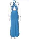 Momnfancy Cut Out Tassel Ruffle Cross Chest Backless Bodycon Front Slit High-low Halter Neck Baby Shower Maternity Maxi Dress