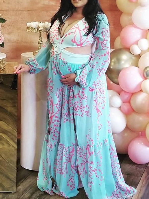Momnfancy Chiffon V-neck Belly Friendly Cut Out Lantern Sleeve Floral Babyshower Maternity Maxi Dress