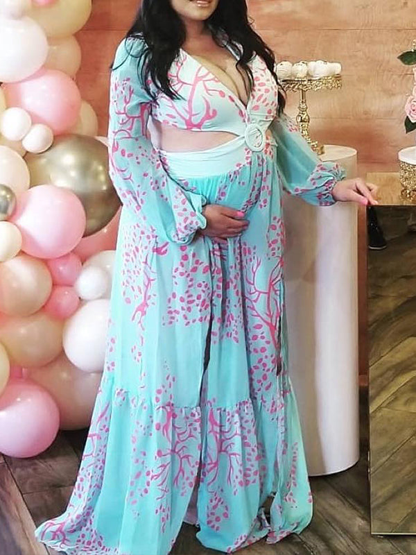 Momnfancy Chiffon V-neck Belly Friendly Cut Out Lantern Sleeve Floral Babyshower Maternity Maxi Dress