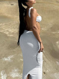 Momnfancy White Blackless Halter Neck Crop Split Bodycon Sleeveless 2 Piece Party Photoshoot Maternity Maxi Dress