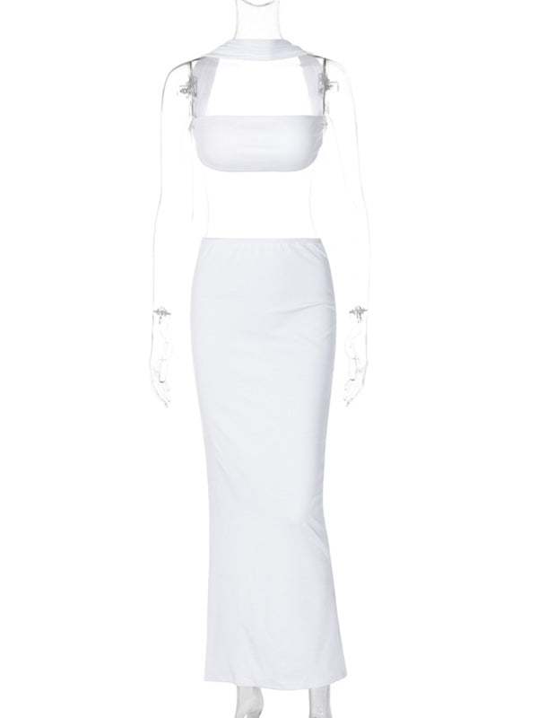 Momnfancy White Blackless Halter Neck Crop Split Bodycon Sleeveless 2 Piece Party Photoshoot Maternity Maxi Dress