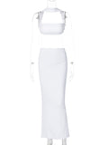 Momnfancy White Blackless Halter Neck Crop Split Bodycon Sleeveless 2 Piece Party Photoshoot Maternity Maxi Dress