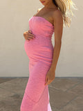 Momnfancy Off Shoulder Knit Mermaid Bodycon Boat Neck Babyshower Maternity Maxi Dress