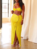 Momnfancy Elegant Yellow 2-in-1 Ruffle Side Slits Crop Bare Waist Bodycon Babyshower Maternity Evening Maxi Dress