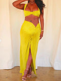 Momnfancy Elegant Yellow 2-in-1 Ruffle Side Slits Crop Bare Waist Bodycon Babyshower Maternity Evening Maxi Dress