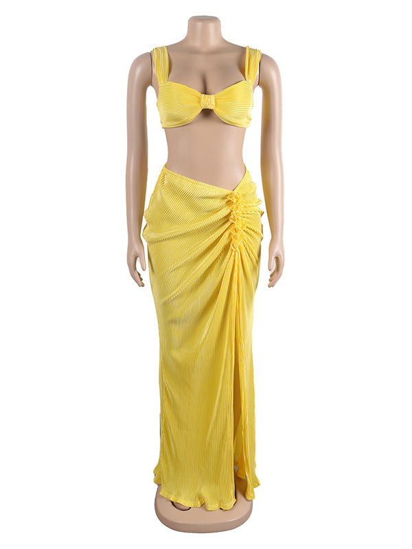 Momnfancy Elegant Yellow 2-in-1 Ruffle Side Slits Crop Bare Waist Bodycon Babyshower Maternity Evening Maxi Dress