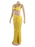 Momnfancy Elegant Yellow 2-in-1 Ruffle Side Slits Crop Bare Waist Bodycon Babyshower Maternity Evening Maxi Dress
