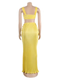 Momnfancy Elegant Yellow 2-in-1 Ruffle Side Slits Crop Bare Waist Bodycon Babyshower Maternity Evening Maxi Dress