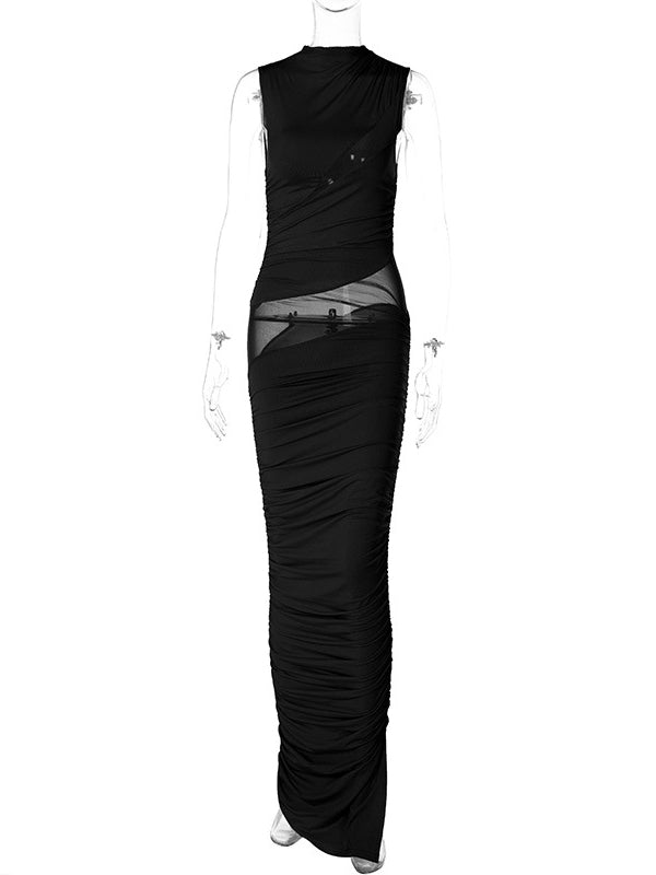 Momnfancy Elegant Black Mesh Grenadine Transparent Ruffle Irregular Bodycon Babyshower Maternity Evening Maxi Dress