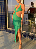 Momnfancy Green Crochet Irregular Cut Out Crop Side Slit Cami Backless Bodycon Chic Beach Vacation Maternity Photoshoot Baby Shower Party Maxi Dress