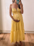 Momnfancy Yellow Ruched Ruffle Cut Out Big Swing Cami Backless Bodycon Elegant Beach Vacation Maternity Photoshoot Baby Shower Party Maxi Dress