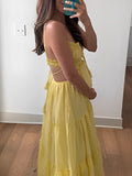 Momnfancy Yellow Ruched Ruffle Cut Out Big Swing Cami Backless Bodycon Elegant Beach Vacation Maternity Photoshoot Baby Shower Party Maxi Dress